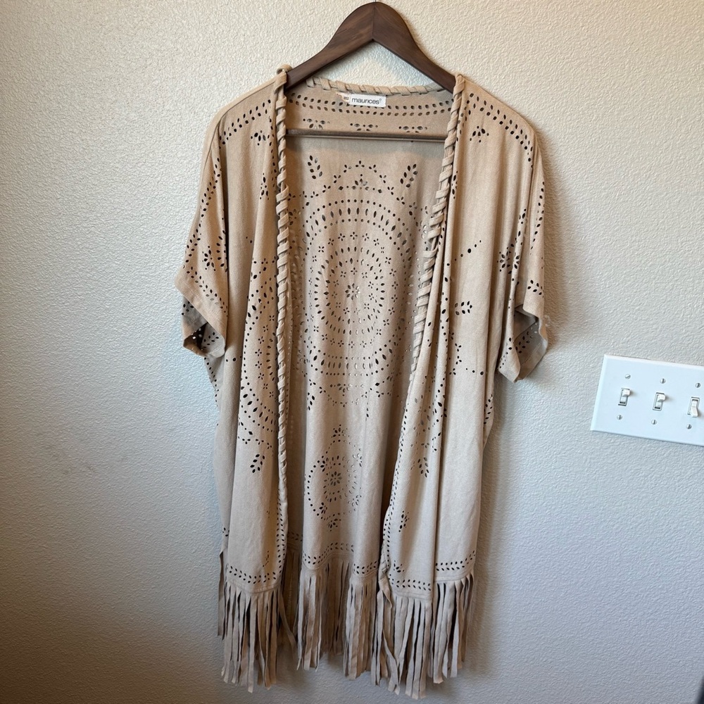 Tan Suede Fringe Open Cardigan